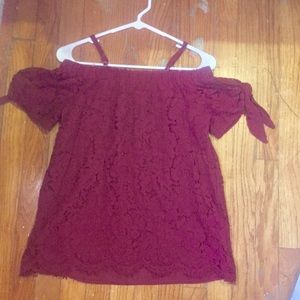 BURGUNDY LACE OFF THE SHOULDER TOP | Size S|